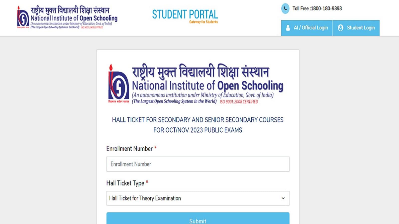 NIOS 10th, 12th Hall Ticket 2023 for Oct/Nov exam out at sdmis.nios.ac.in, download link here